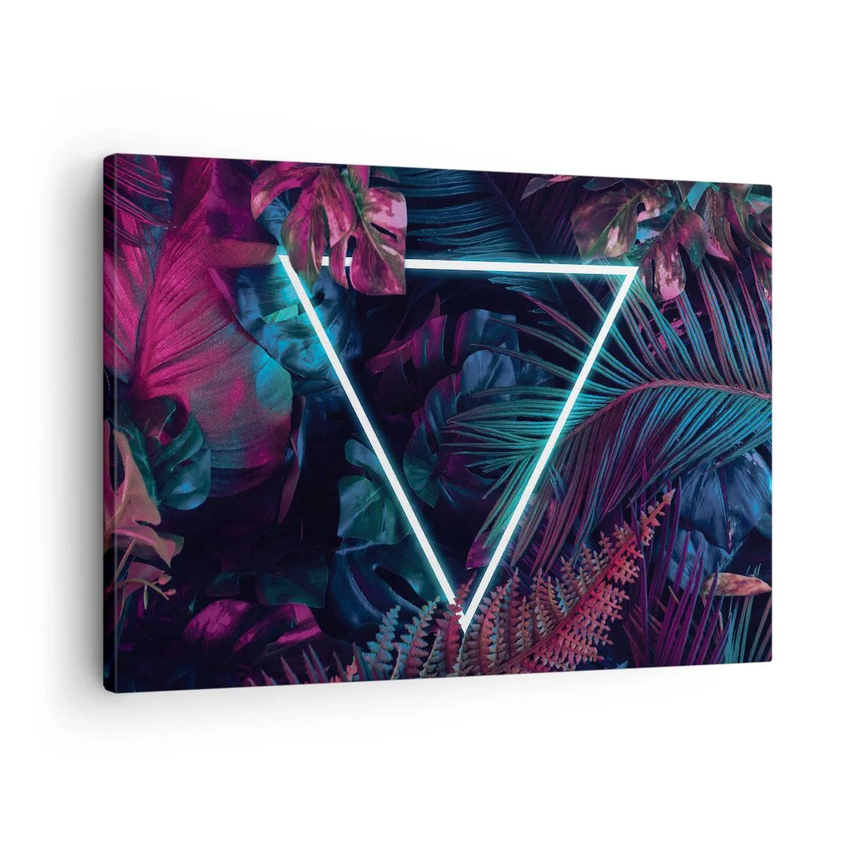 Impression sur toile - Image sur toile - Un triangle néon entouré de feuilles tropicales aux couleurs sombres. - 70x50cm - Jardin de style disco - Décoration murale moderne pour le salon et la chambre ARTTOR