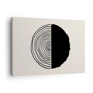Impression sur toile - Image sur toile - Un motif abstrait en noir et blanc inspiré d'une coupe transversale de bois avec une division géométrique. - 70x50cm - Moitié-moitié - Décoration murale moderne pour le salon et la chambre ARTTOR