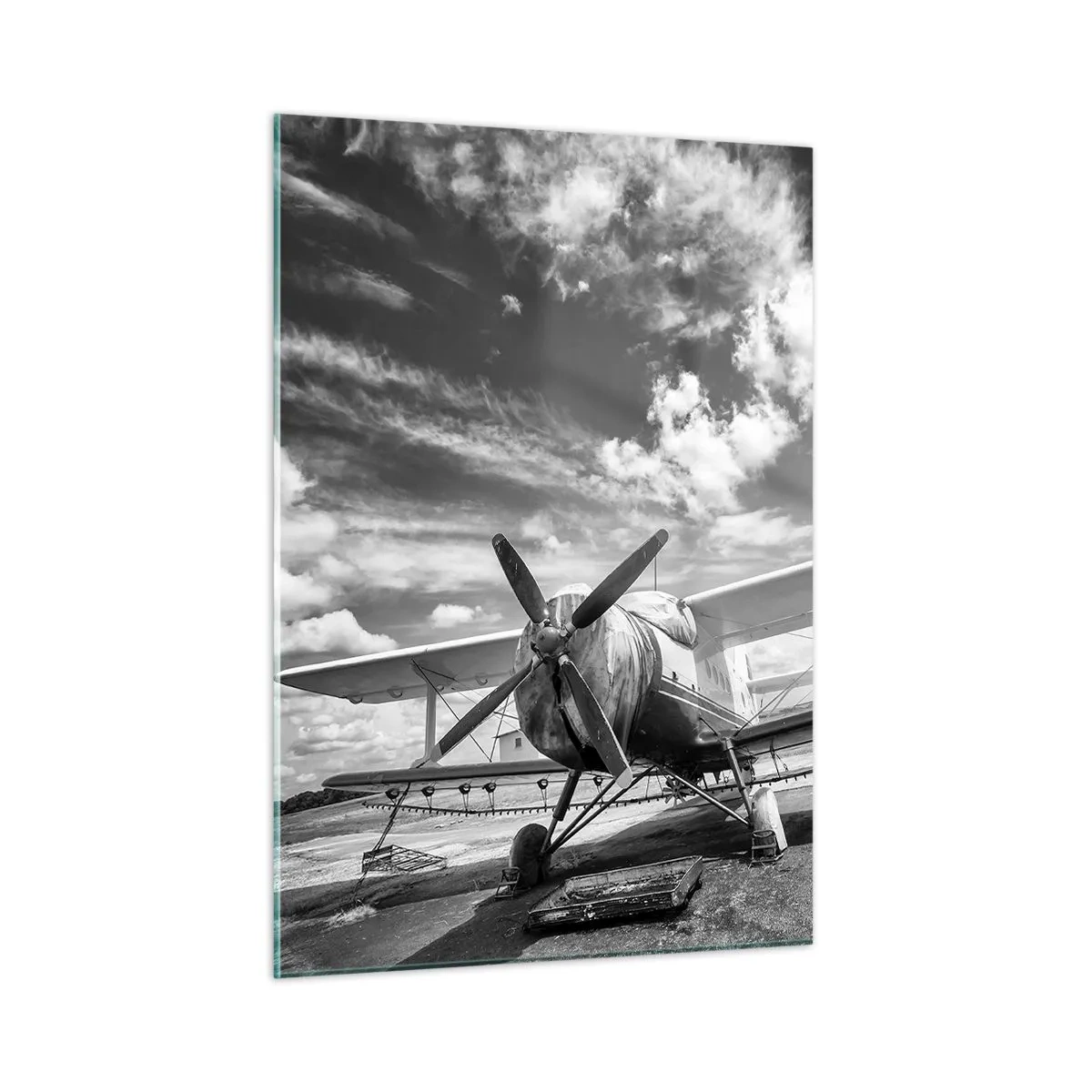 Impression sur verre - Image sur verre - Photographie en noir et blanc d'un biplan classique - 50x70cm - Je suis impatient! - Décoration murale moderne pour le salon et la chambre ARTTOR