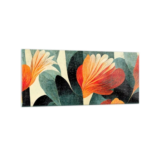 Impression sur verre - Image sur verre - Fleurs aux tons intenses d'orange et de vert - 120x50cm - La chaleur des tropiques et la fraîcheur de la verdure - Décoration murale moderne pour le salon et la chambre ARTTOR