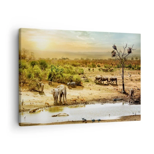Impression sur toile - Image sur toile - Éléphants et animaux sauvages à un point d'eau au coucher du soleil - 70x50cm - "Et d'Eden coulait une rivière..." - Décoration murale moderne pour le salon et la chambre ARTTOR