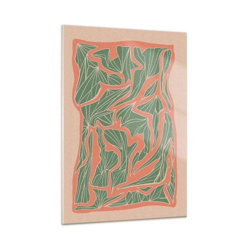 Impression sur verre - Image sur verre - Formes feuillues vertes entourées d'un cadre corail sur fond beige - 50x70cm - La lutte entre le corail et la verdure - Décoration murale moderne pour le salon et la chambre ARTTOR