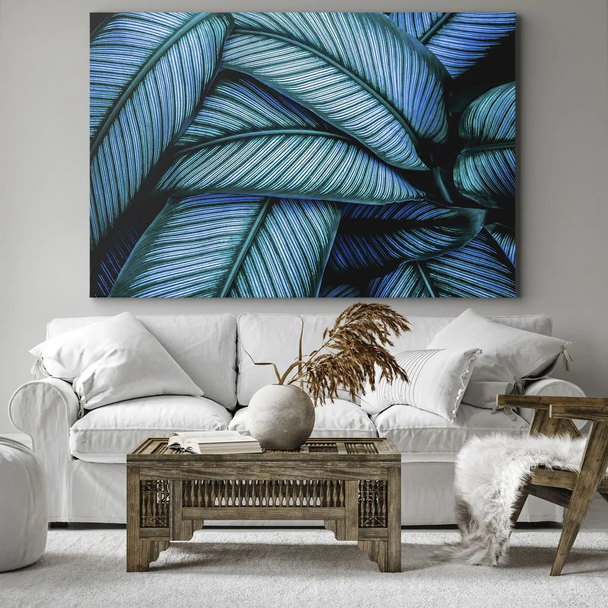 Impression sur toile - Image sur toile - Un gros plan de feuilles turquoise avec des détails vifs. - 70x50cm - Lignes de vie - Décoration murale moderne pour le salon et la chambre ARTTOR