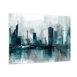 Impression sur verre - Image sur verre - Une ville moderne aux tons bleus et gris - 100x70cm - Une ville couleur de pluie - Décoration murale moderne pour le salon et la chambre ARTTOR