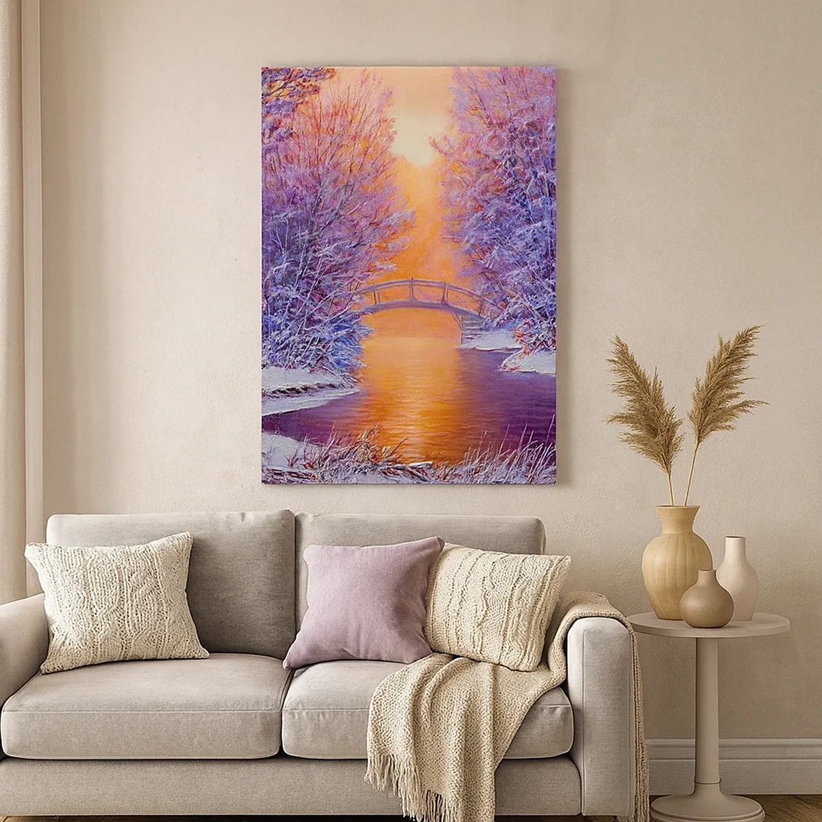 Impression sur toile - Image sur toile - Paysage d'hiver avec un pont et un coucher de soleil - 50x70cm - On se rencontre ici - Décoration murale moderne pour le salon et la chambre ARTTOR