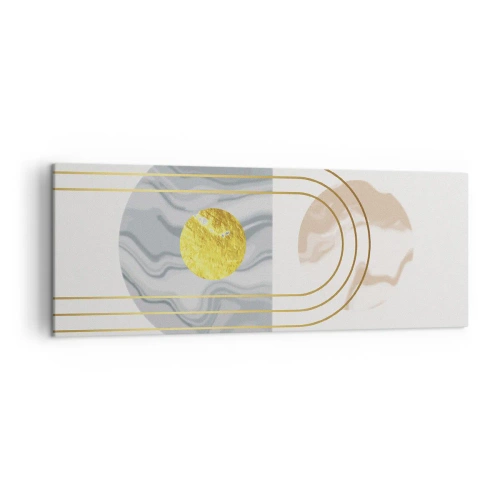 Impression sur toile - Image sur toile - Composition abstraite avec des cercles et des lignes dorées sur fond clair. - 140x50cm - Clareté et brillance - Décoration murale moderne pour le salon et la chambre ARTTOR