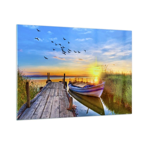 Impression sur verre - Image sur verre - Jetée en bois sur un lac avec un bateau au lever du soleil - 100x70cm - Au revoir, à demain - Décoration murale moderne pour le salon et la chambre ARTTOR