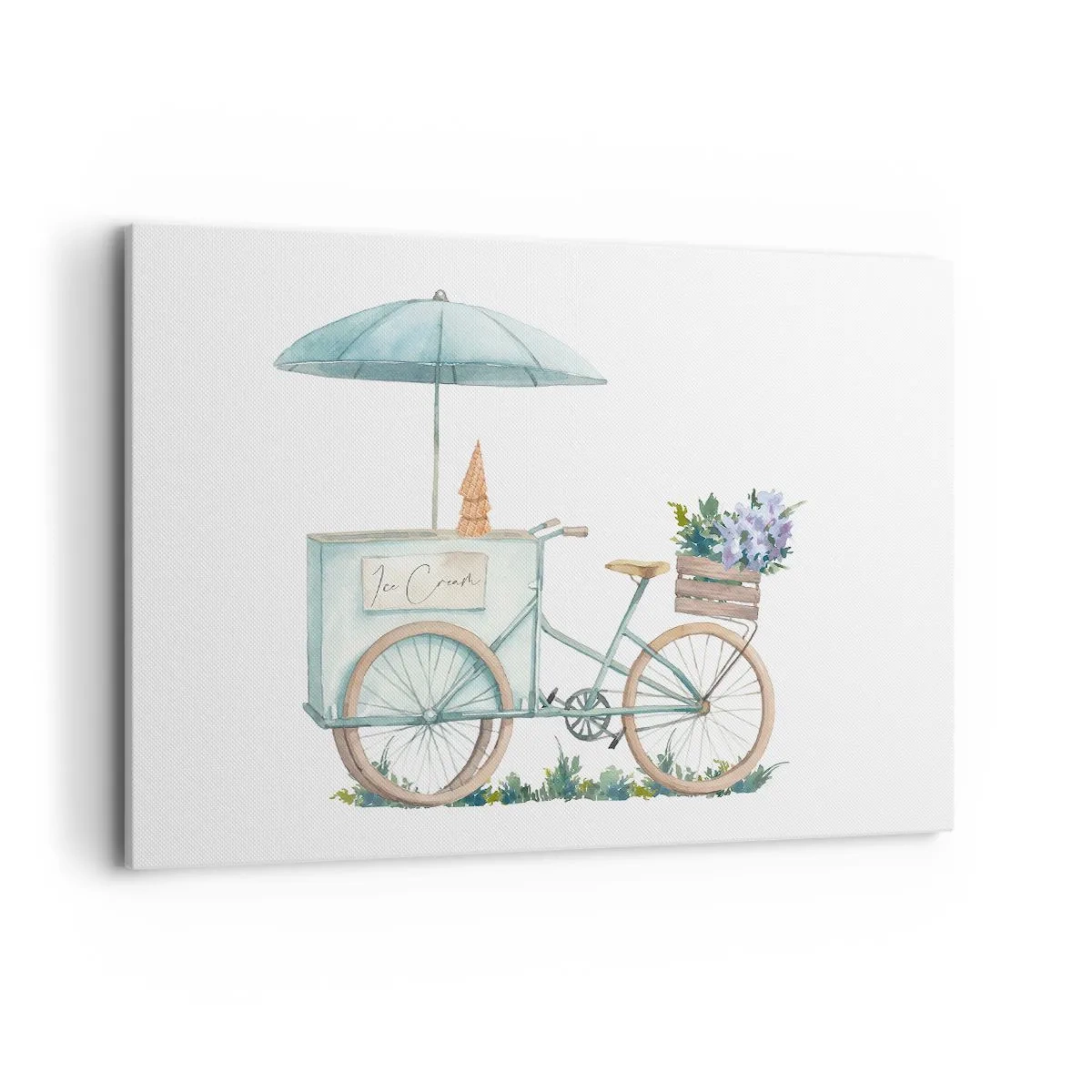 Impression sur toile - Image sur toile - Un vélo avec de la glace et des fleurs sous un parapluie aux couleurs pastel délicates - 120x80cm - Doux souvenir d'été - Décoration murale moderne pour le salon et la chambre ARTTOR