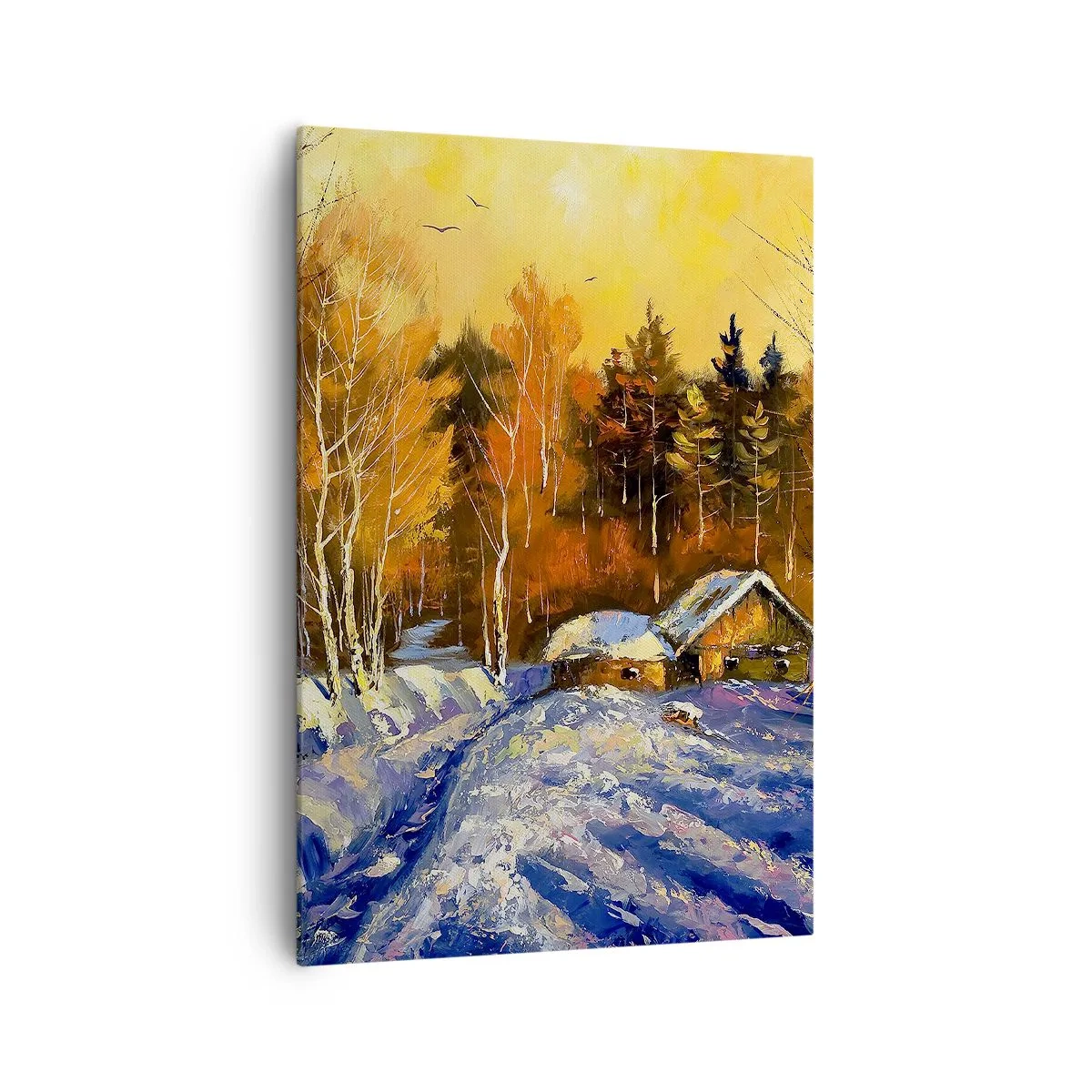 Impression sur toile - Image sur toile - Paysage d'hiver avec une maison à la lumière du soleil couchant - 70x100cm - Impression d'hiver au soleil - Décoration murale moderne pour le salon et la chambre ARTTOR