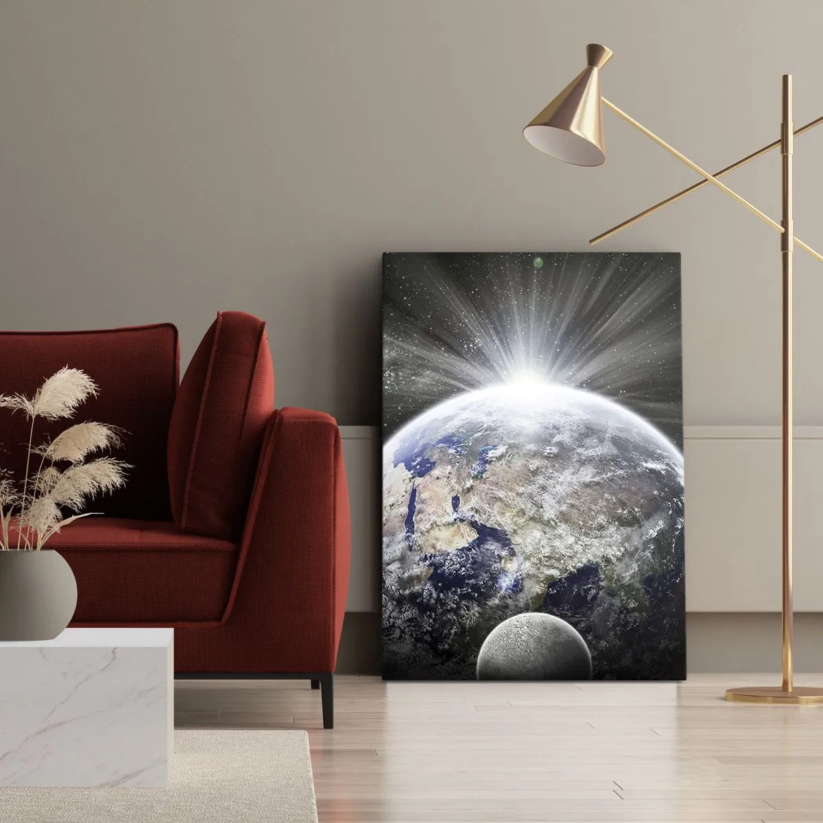 Impression sur toile - Image sur toile - La Terre et la Lune illuminées par la lueur de l'espace - 50x70cm - En pleine splendeur - Décoration murale moderne pour le salon et la chambre ARTTOR