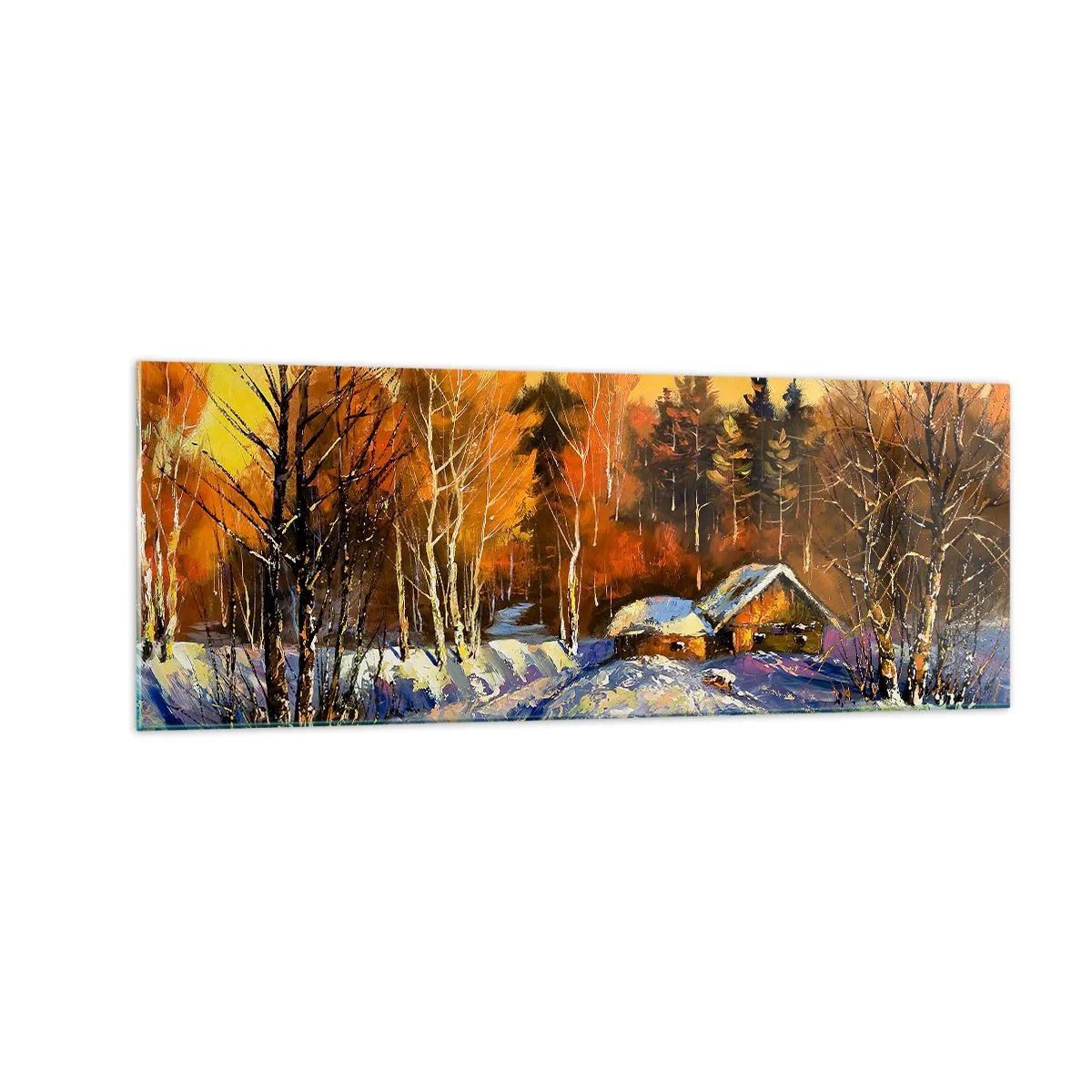 Impression sur verre - Image sur verre - Paysage d'hiver avec une maison à la lumière du soleil couchant - 140x50cm - Impression d'hiver au soleil - Décoration murale moderne pour le salon et la chambre ARTTOR