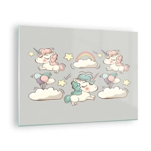 Impression sur verre - Image sur verre - De jolies licornes dans les nuages avec un arc-en-ciel et des ballons - 70x50cm - Ils existe, c'est sûr… - Décoration murale moderne pour le salon et la chambre ARTTOR