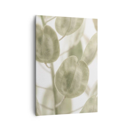 Impression sur toile - Image sur toile - Une peinture délicate de feuilles dans des tons pastel de vert sur un fond clair. - 70x100cm - Au commencement il y avait des feuilles... - Décoration murale moderne pour le salon et la chambre ARTTOR