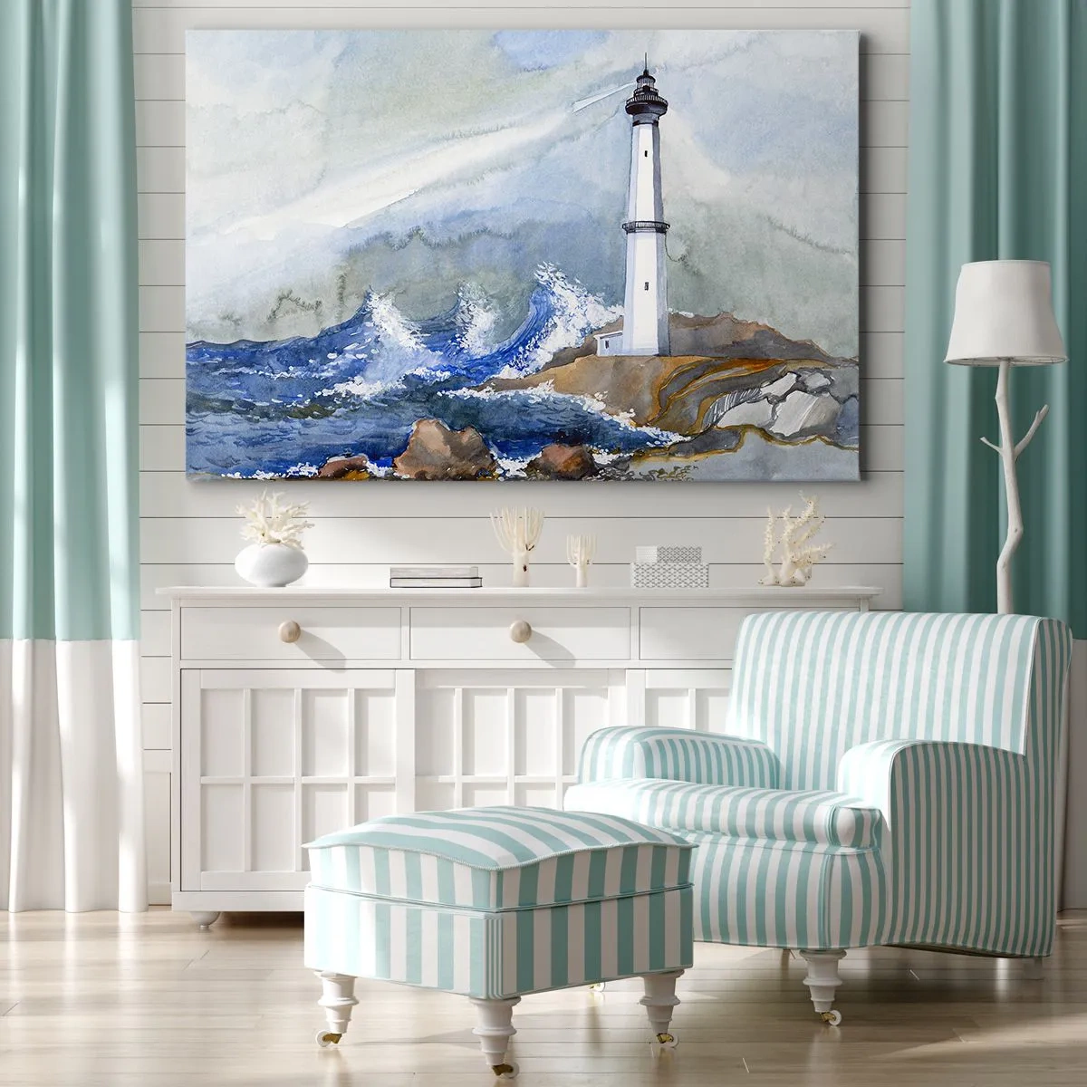 Impression sur toile - Image sur toile - Un phare sur un rivage rocheux avec une mer agitée - 70x50cm - Contre l'obscurité et la tempête - Décoration murale moderne pour le salon et la chambre ARTTOR