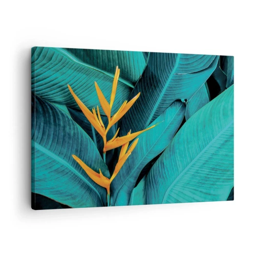 Impression sur toile - Image sur toile - Une fleur exotique sur fond de feuilles de bananier aux tons turquoise. - 70x50cm - Fleur d'Eden - Décoration murale moderne pour le salon et la chambre ARTTOR