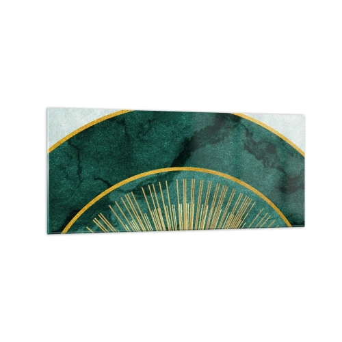 Impression sur verre - Image sur verre - Motif abstrait avec des cercles aux couleurs émeraude et or. - 120x50cm - Un autre système solaire - Décoration murale moderne pour le salon et la chambre ARTTOR