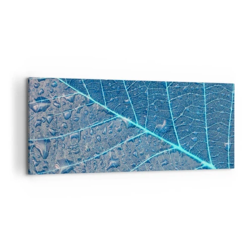Impression sur toile - Image sur toile - Une feuille dans des tons bleus avec des gouttes d'eau - 120x50cm - La vie en bleu - Décoration murale moderne pour le salon et la chambre ARTTOR