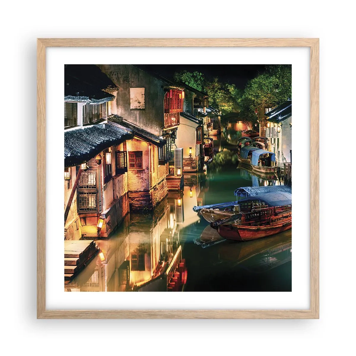Affiche dans un chêne clair - Poster - Soirée dans une rue chinoise - 50x50 cm