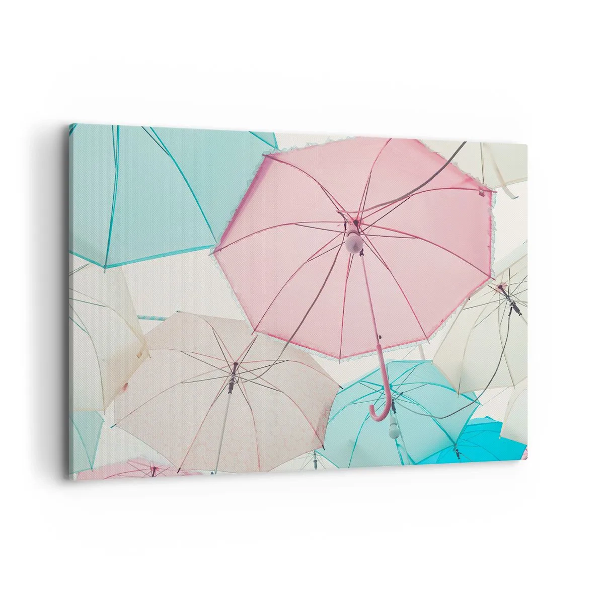 Impression sur toile - Image sur toile - Parapluies pastel contre un ciel lumineux - 100x70cm - Parfois le soleil, parfois la pluie - Décoration murale moderne pour le salon et la chambre ARTTOR