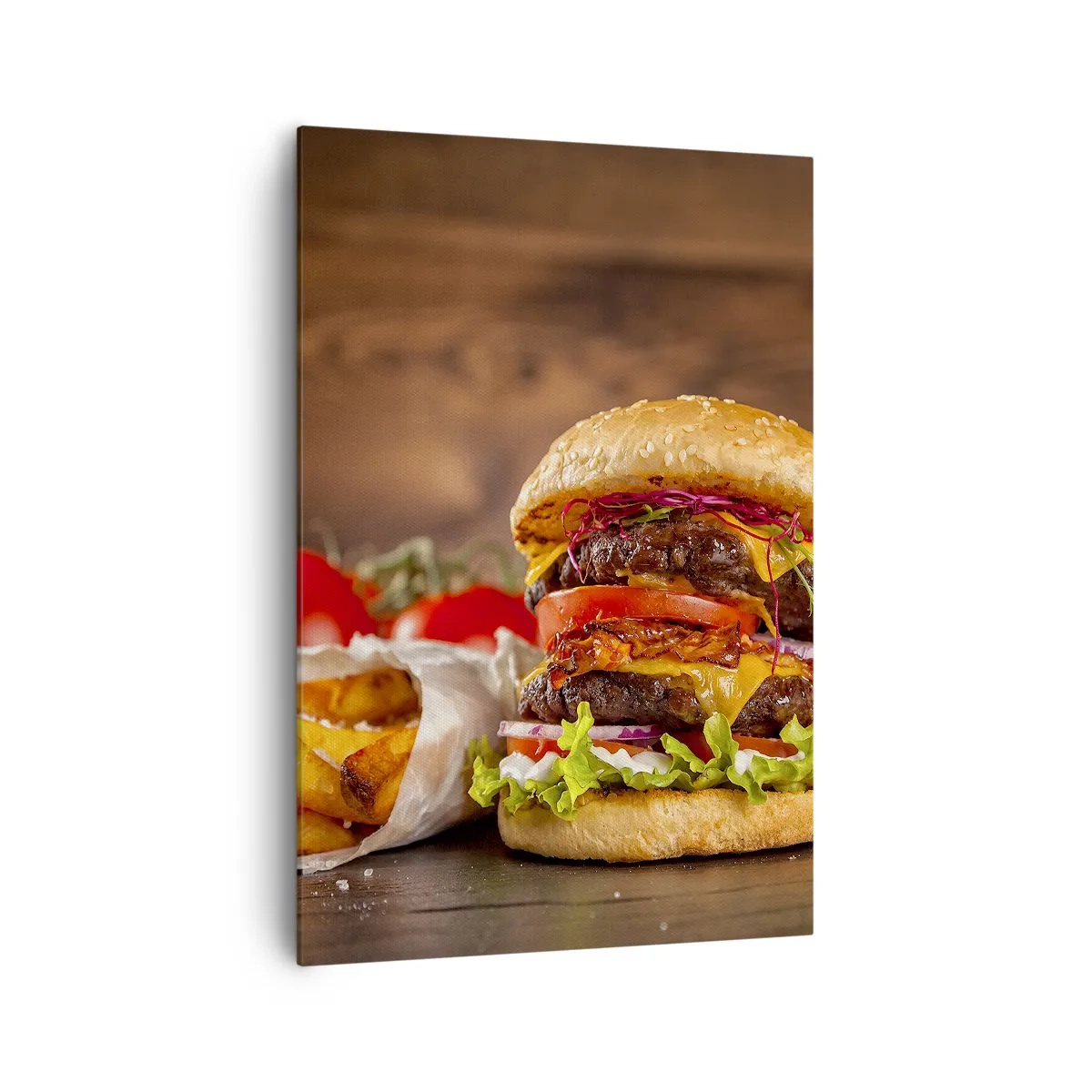 Impression sur toile - Image sur toile - Burger appétissant avec extras - 70x100cm - Le fruit défendu - Décoration murale moderne pour le salon et la chambre ARTTOR