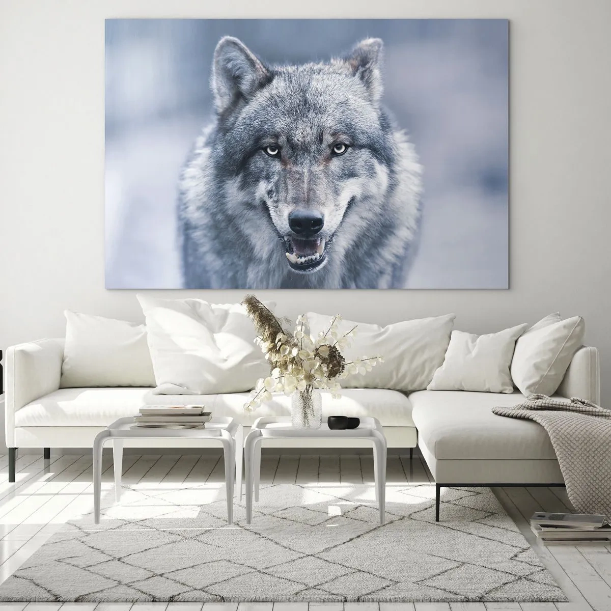 Impression sur verre - Image sur verre - Un loup au regard perçant sur fond de forêt enneigée - 120x80cm - Relèverez-vous le défi ? - Décoration murale moderne pour le salon et la chambre ARTTOR