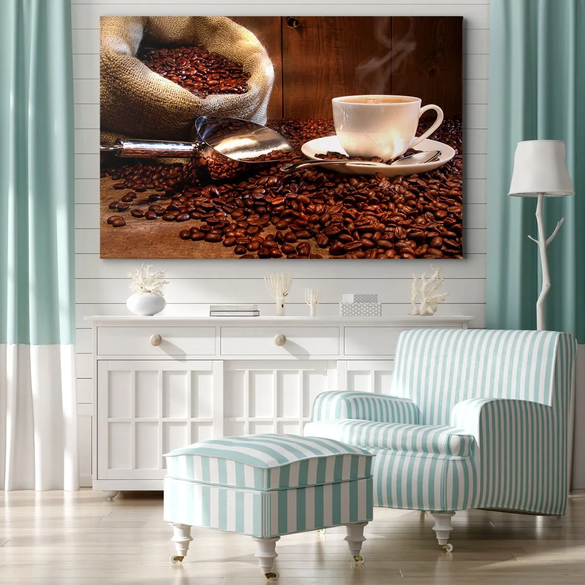 Impression sur toile - Image sur toile - Une tasse de café avec des grains de café et un sac de céréales en arrière-plan - 70x50cm - Sentez-vous cette odeur? - Décoration murale moderne pour le salon et la chambre ARTTOR