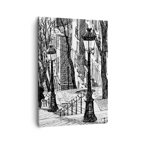 Impression sur toile - Image sur toile - Une rue avec des lampadaires et une silhouette humaine en technique d'esquisse - 50x70cm - Une histoire d'amour ou une histoire d'horreur ? - Décoration murale moderne pour le salon et la chambre ARTTOR