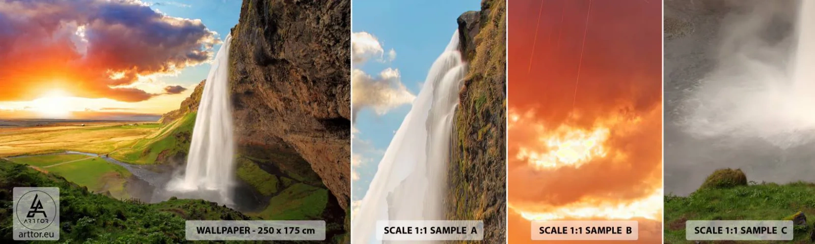 Échantillon de Papier Peint Autocollant Deluxe Sticker - La plénitude de l'été islandais - Paysage, Cascade, Islande - 100x30 cm