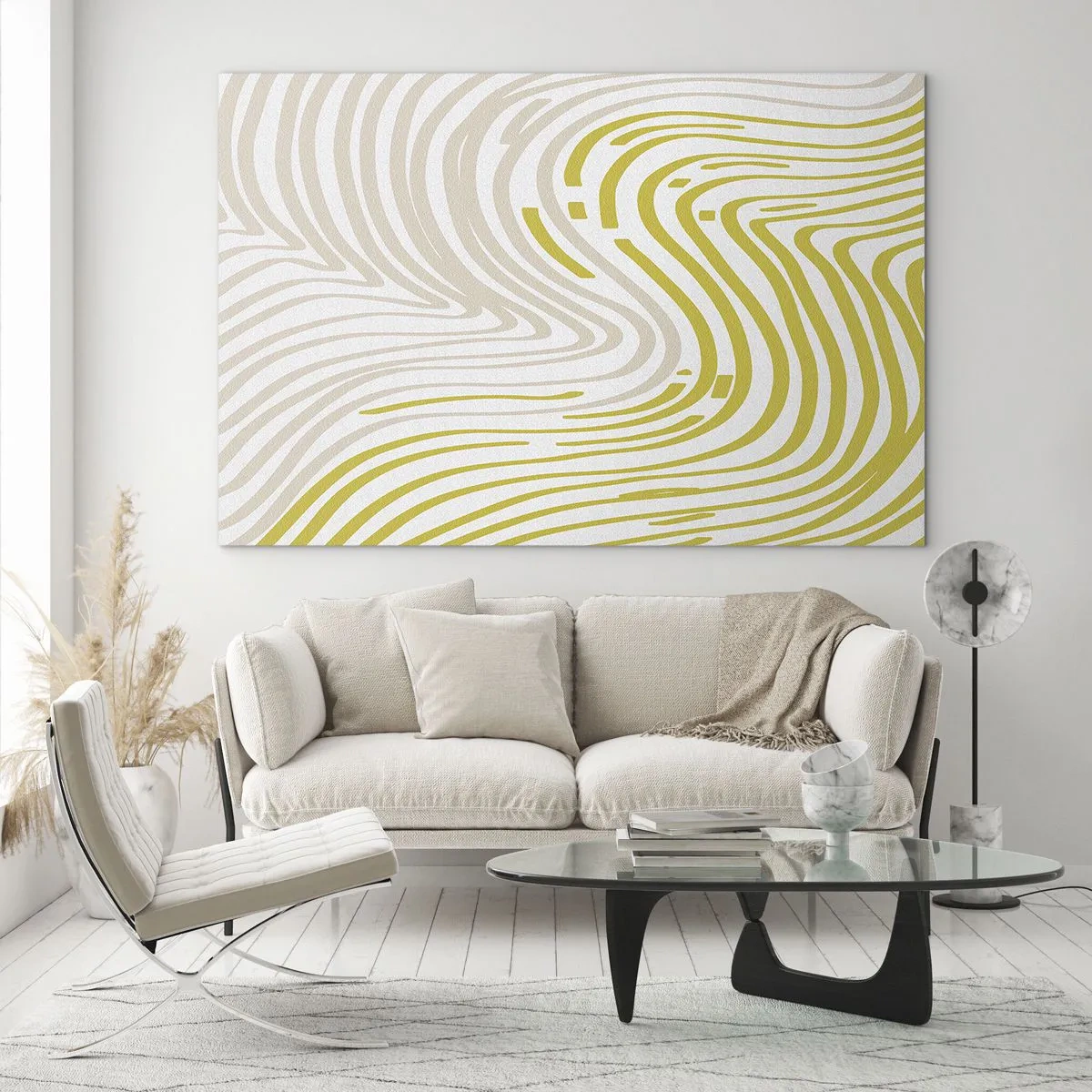 Impression sur verre - Image sur verre - Lignes organiques dans les tons beige et citron vert sur fond blanc - 100x70cm - Une composition au léger virage - Décoration murale moderne pour le salon et la chambre ARTTOR