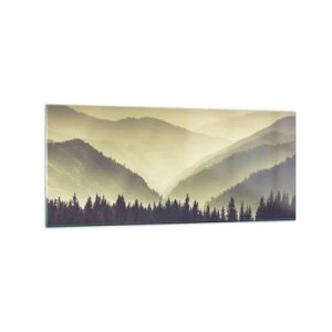 Impression sur verre - Image sur verre - Des chaînes de montagnes pittoresques enveloppées de brume dans une lumière chaude - 120x50cm - Derrière les sept montagnes… - Décoration murale moderne pour le salon et la chambre ARTTOR
