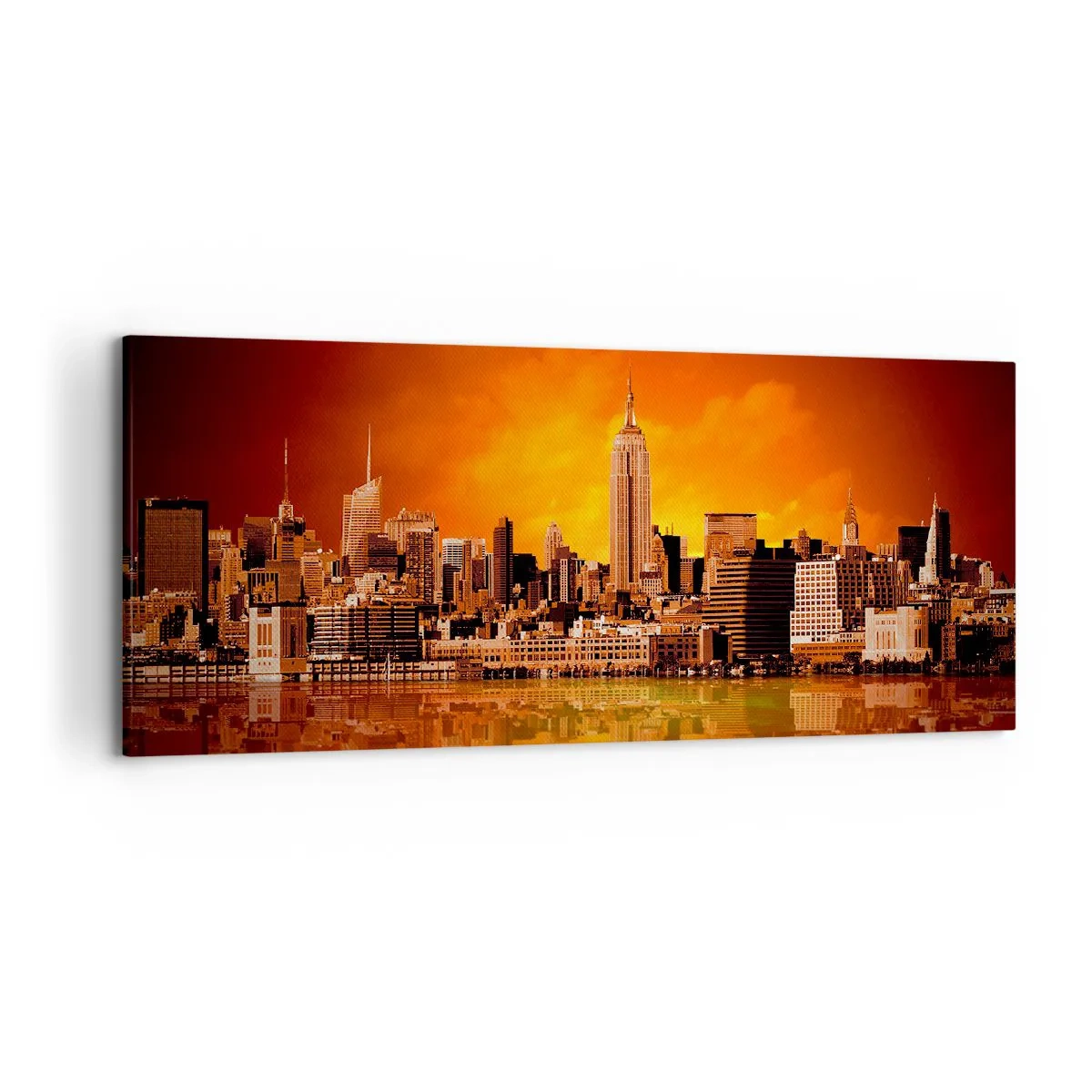 Impression sur toile - Image sur toile - Panorama de la ville au coucher du soleil avec les bâtiments se reflétant dans l'eau - 120x50cm - Panorama de grande ville en jaune et bronze - Décoration murale moderne pour le salon et la chambre ARTTOR