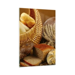 Impression sur verre - Image sur verre - Différents pains dans un panier en osier sur fond doré - 80x120cm - On s'en est encore sorti - Décoration murale moderne pour le salon et la chambre ARTTOR