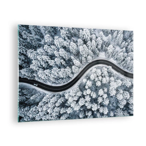 Impression sur verre - Image sur verre - Une route sinueuse à travers une forêt hivernale vue depuis un drone - 70x50cm - À travers une forêt d'hiver - Décoration murale moderne pour le salon et la chambre ARTTOR