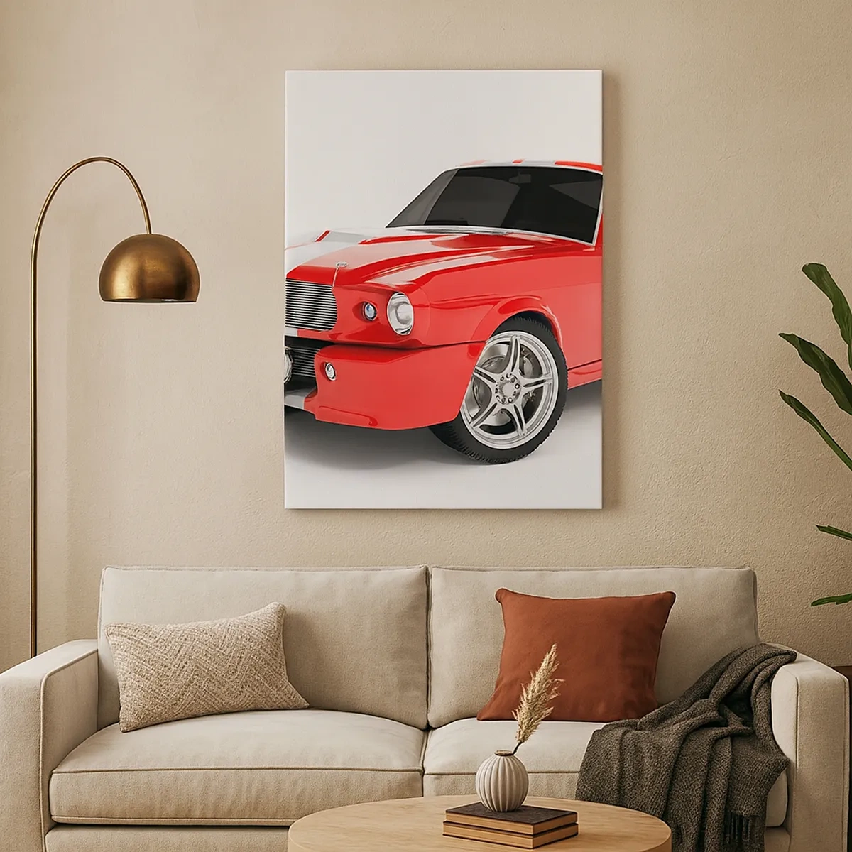 Impression sur toile - Image sur toile - Voiture de sport rouge à rayures blanches - 50x70cm - Une Mustang aussi rapide que le vent - Décoration murale moderne pour le salon et la chambre ARTTOR