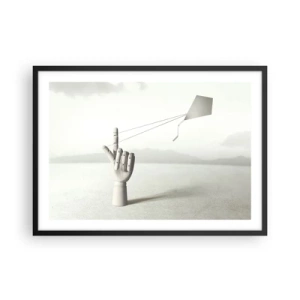 Affiche dans un cadre noir - Poster - Une main en bois minimaliste avec un cerf-volant sur un fond de paysage. - 70x50cm - Épreuve de force - Décoration murale moderne pour le salon et la chambre ARTTOR