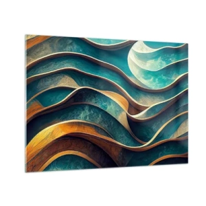 Impression sur verre - Image sur verre - Lignes dynamiques en bleu et cuivre créant des vagues - 70x50cm - Méandres de bleu - Décoration murale moderne pour le salon et la chambre ARTTOR