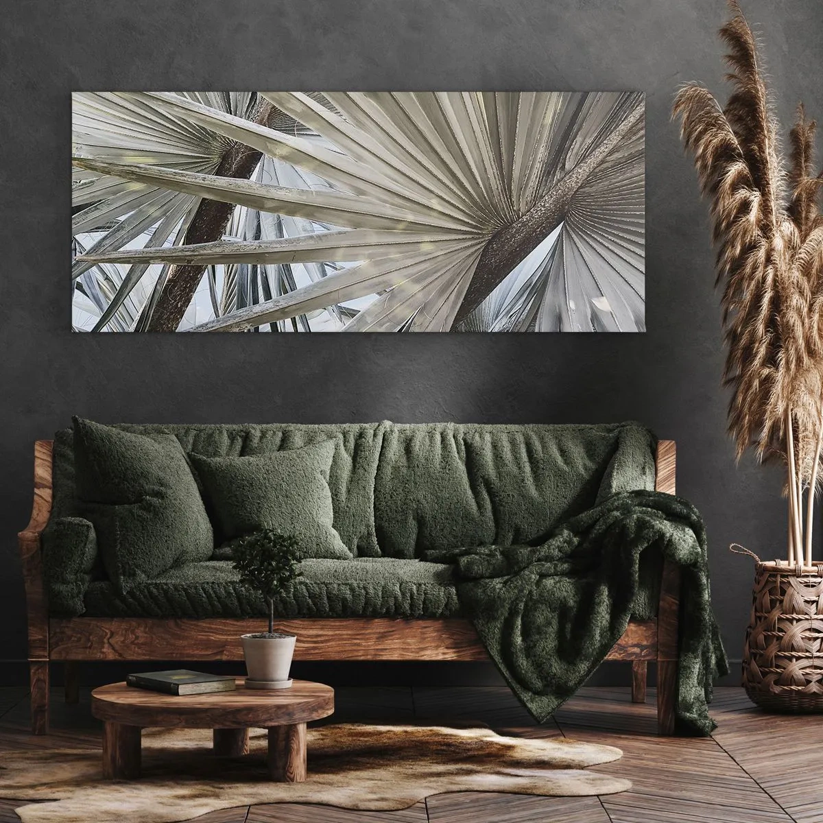 Impression sur toile - Image sur toile - Gros plan de feuilles de palmier dans des tons naturels de vert - 160x50cm - Evantail sous les tropiques - Décoration murale moderne pour le salon et la chambre ARTTOR