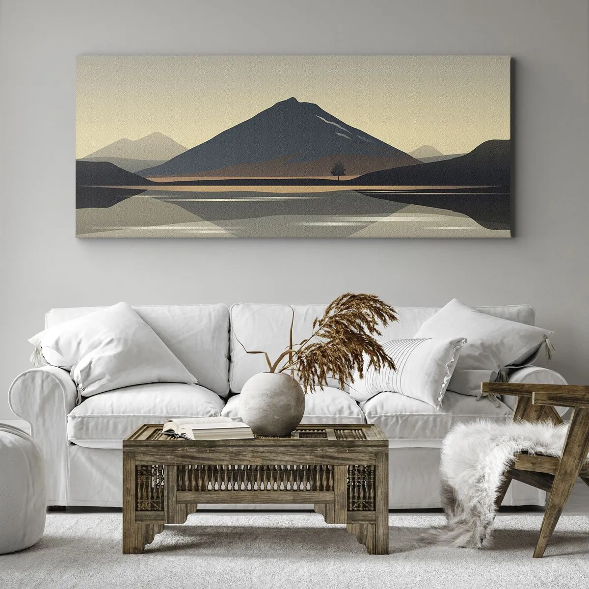 Impression sur toile - Image sur toile - Paysage de montagne minimaliste avec reflet dans l'eau - 120x50cm - Reflet de miroir - Décoration murale moderne pour le salon et la chambre ARTTOR