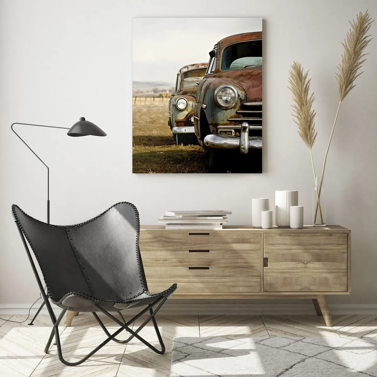 Impression sur verre - Image sur verre - Voitures anciennes sur une route de campagne - 50x70cm - Repos bien mérité - Décoration murale moderne pour le salon et la chambre ARTTOR