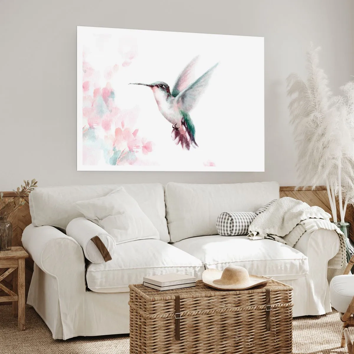 Affiche - Poster - Un colibri aux couleurs pastel délicates sur un fond de fleurs - 100x70cm - Immortalisé dans un battement - Décoration murale moderne pour le salon et la chambre ARTTOR