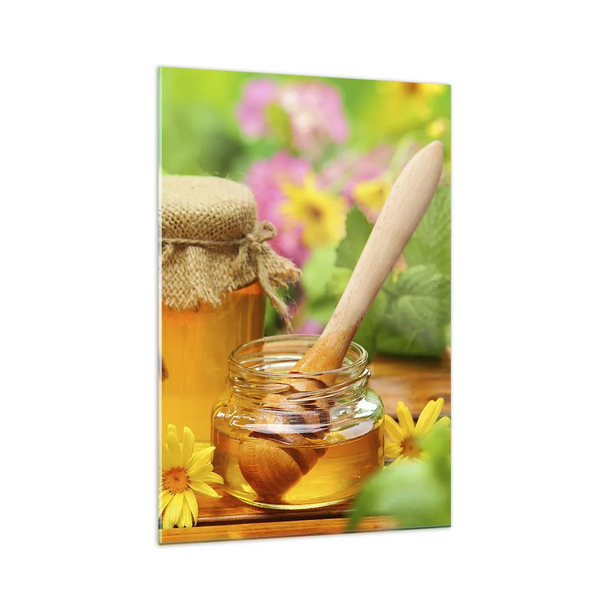 Impression sur verre - Image sur verre - Pots de miel avec des fleurs sur fond de jardin d'été - 70x100cm - Doux et fleuri - Décoration murale moderne pour le salon et la chambre ARTTOR