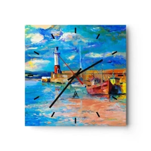 Horloge murale - Pendule murale - Port de pêche avec bateaux et phare aux couleurs vives - 30x30cm - Un après-midi dans la baie arc-en-ciel - Décoration murale moderne pour le salon et la chambre ARTTOR