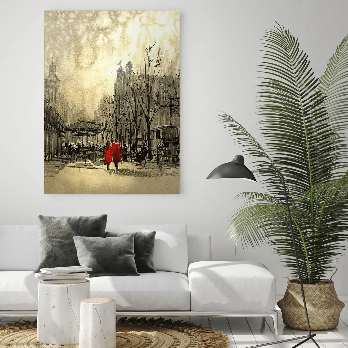 Impression sur verre - Image sur verre - Un rendez-vous dans le brouillard londonien avec un accent de manteau rouge - 50x70cm - Rendez-vous dans le brouillard de Londres - Décoration murale moderne pour le salon et la chambre ARTTOR