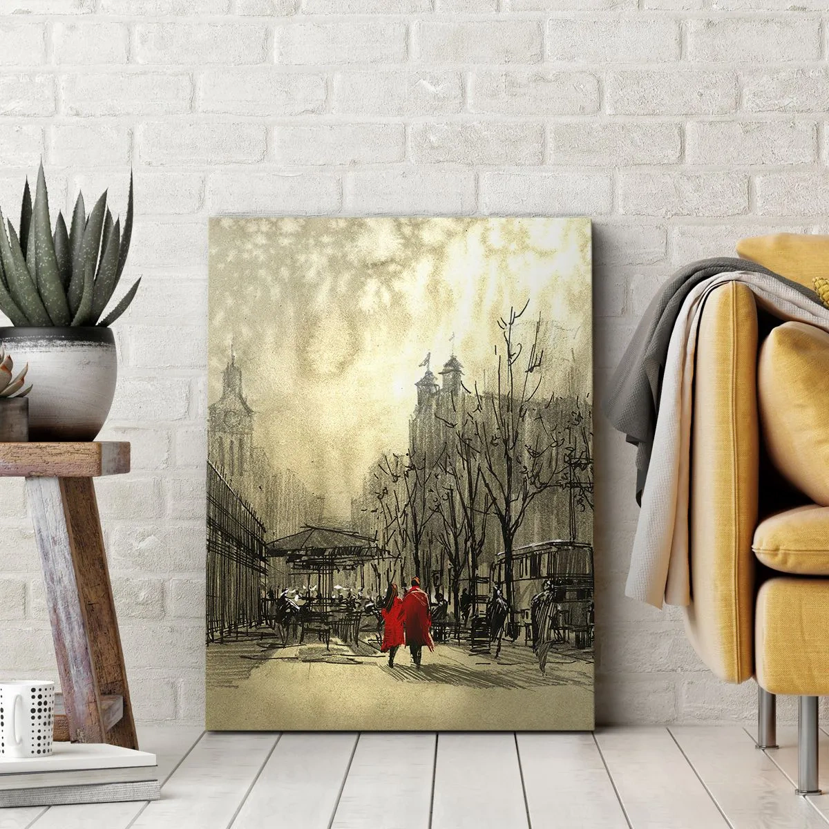 Impression sur toile - Image sur toile - Une figure rouge dans un décor urbain nostalgique - 70x100cm - Rendez-vous dans le brouillard de Londres - Décoration murale moderne pour le salon et la chambre ARTTOR