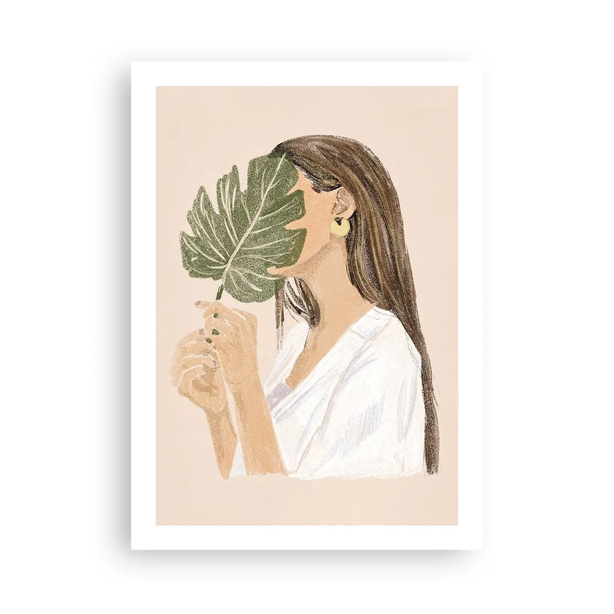 Affiche - Poster - Une femme se couvrant le visage avec une feuille de monstera. - 50x70cm - Portrait mystérieux avec un éventail - Décoration murale moderne pour le salon et la chambre ARTTOR