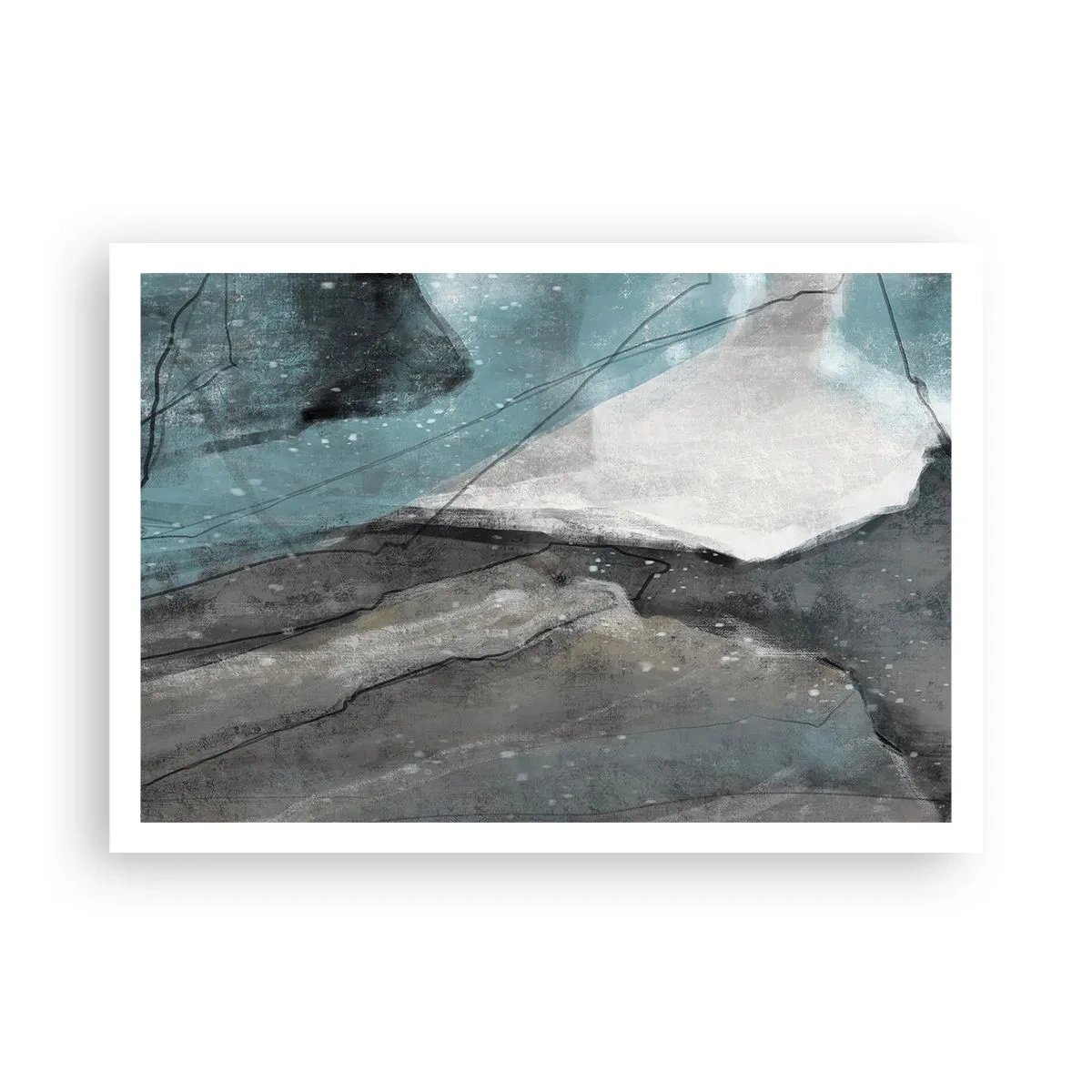 Affiche - Poster - Composition abstraite dans les tons de gris et de bleu - 100x70cm - Résumé : roches et glace - Décoration murale moderne pour le salon et la chambre ARTTOR