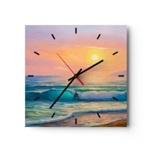 Horloge murale - Pendule murale - Paysage marin avec coucher de soleil - 30x30cm - Le chant turquoise des vagues - Décoration murale moderne pour le salon et la chambre ARTTOR