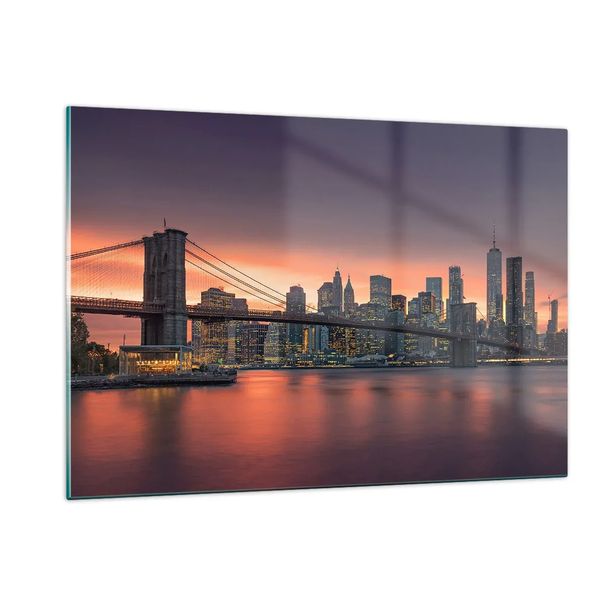 Impression sur verre - Image sur verre - Pont de Brooklyn au coucher du soleil - 120x80cm - Immergé dans le silence lilas - Décoration murale moderne pour le salon et la chambre ARTTOR