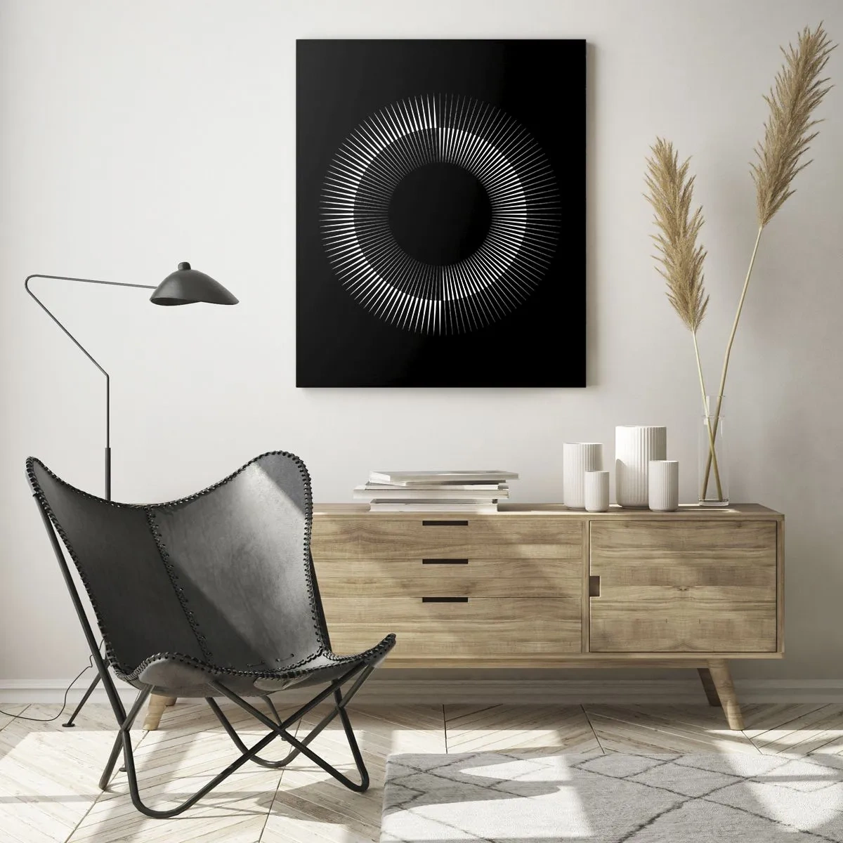 Impression sur verre - Image sur verre - Cercle graphique avec des rayons en noir et blanc - 70x100cm - Soleil noir - Décoration murale moderne pour le salon et la chambre ARTTOR