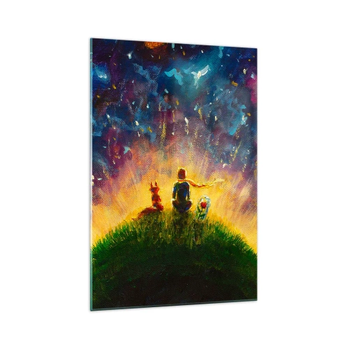 Impression sur verre - Image sur verre - Personnages sur une colline verdoyante entourée d'un ciel étoilé - 70x100cm - Amour et amitié - le monde entier - Décoration murale moderne pour le salon et la chambre ARTTOR